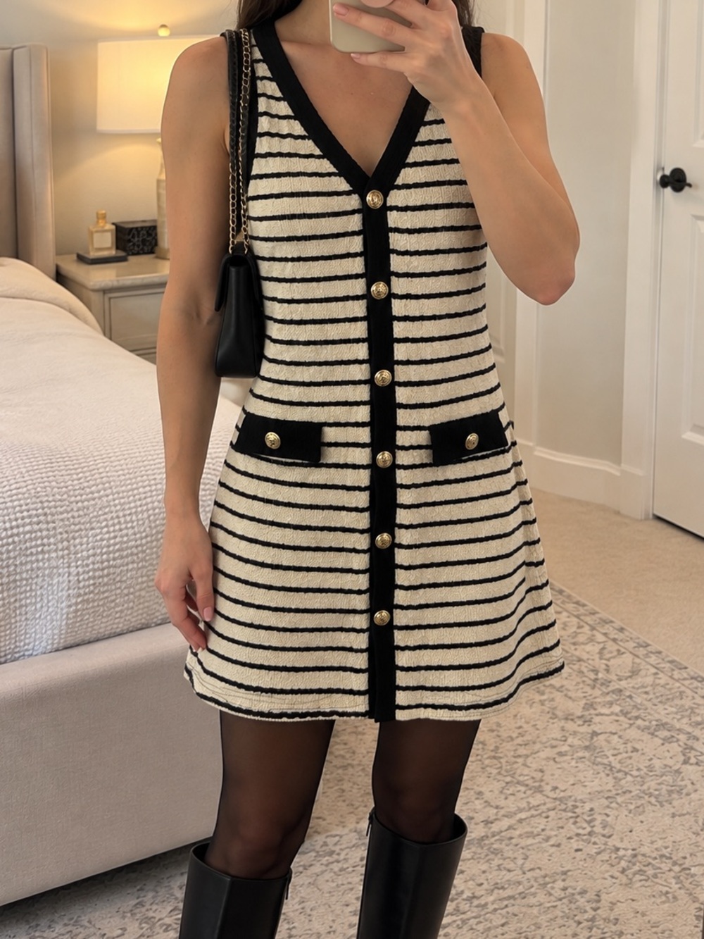 21 Saints Black & Cream Striped Gold Button Mini Dress Size S NWT